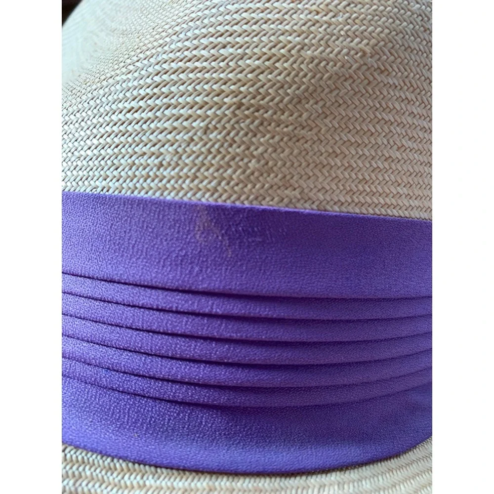 Pappagallo Vintage 60's Straw Fedora Hat Purple Ribbon Retro Chic Preppy